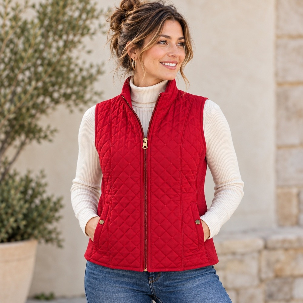 Kim Rogers Quilted Vest Women's XL Red Full Zip Snap Pockets Diamond Outdoor NWT